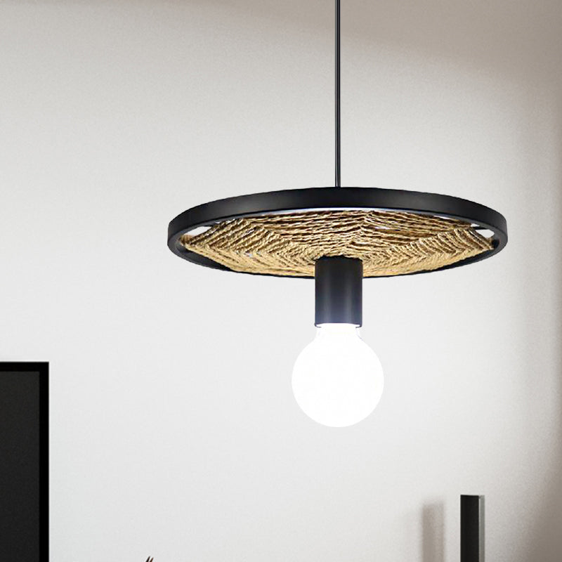 Lodge Style Black Metallic And Rope Hanging Pendant Light For Dining Room - 1 Round Design