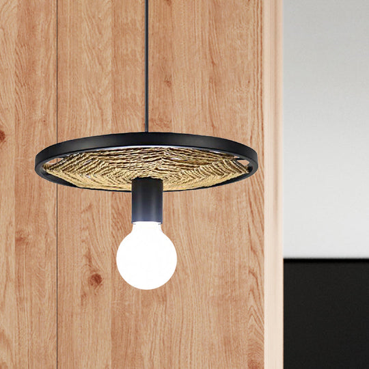 Lodge Style Black Metallic And Rope Hanging Pendant Light For Dining Room - 1 Round Design