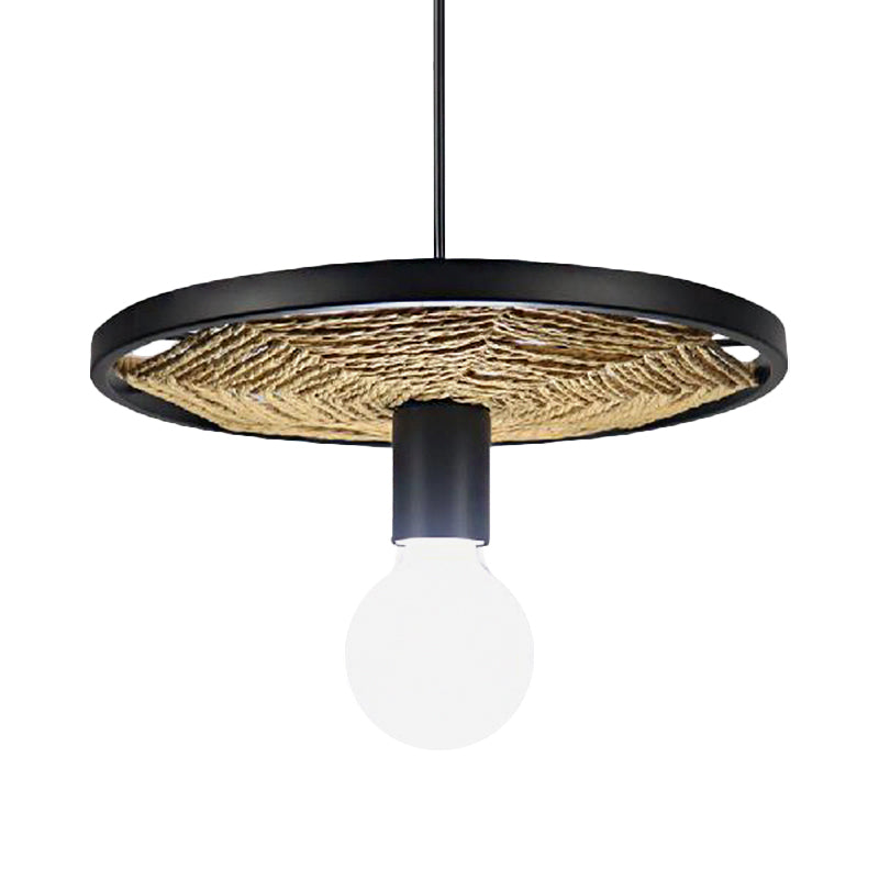 Lodge Style Black Metallic And Rope Hanging Pendant Light For Dining Room - 1 Round Design