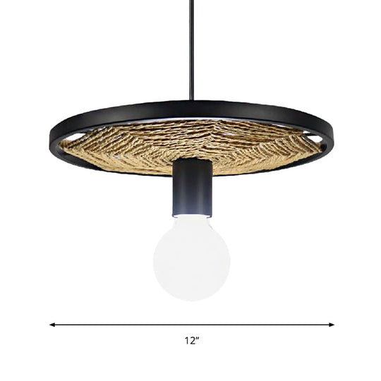 Lodge Style Black Metallic And Rope Hanging Pendant Light For Dining Room - 1 Round Design