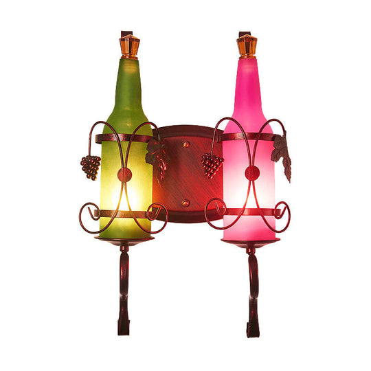 Industrial 2-Light Frosted Glass Wall Sconce With Leaf Deco In Green And Pink