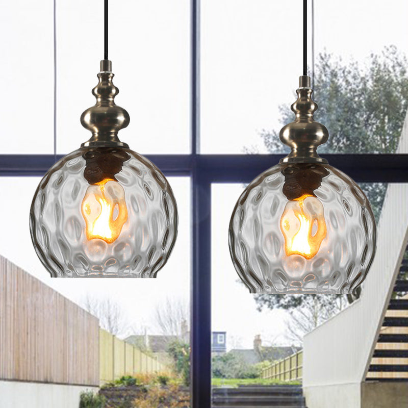 Industrial Grey Round Pendant Light With Dimpled Glass - Single Bulb Hanging Ceiling Fixture Clear