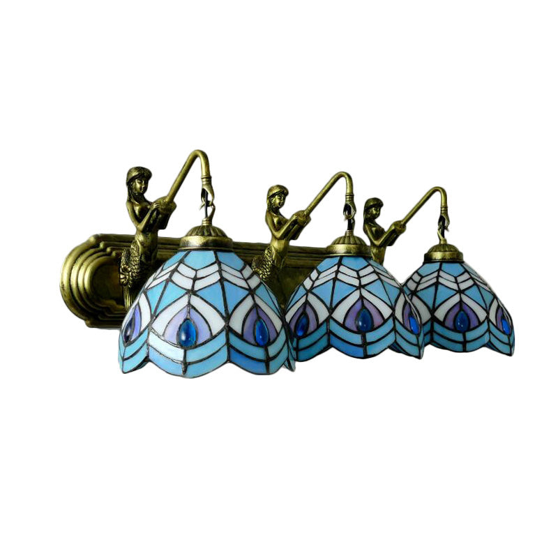 Blue Peacock Tail Tiffany Stained Glass Sconce With 3 Wall-Mounted Lights 6/8 Wide