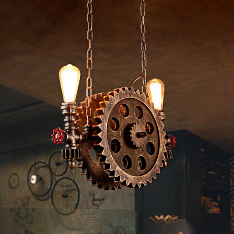 Antique Gear Pendant Light With Exposed Bulb - 2-Light Rustic Island For Dining Room Rust