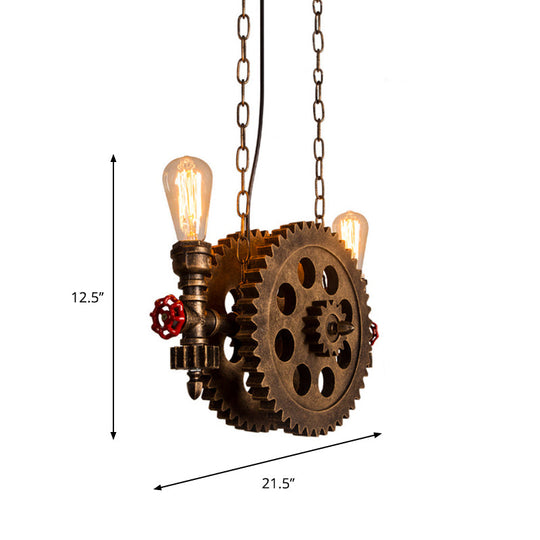 Antique Gear Pendant Light With Exposed Bulb - 2-Light Rustic Island For Dining Room