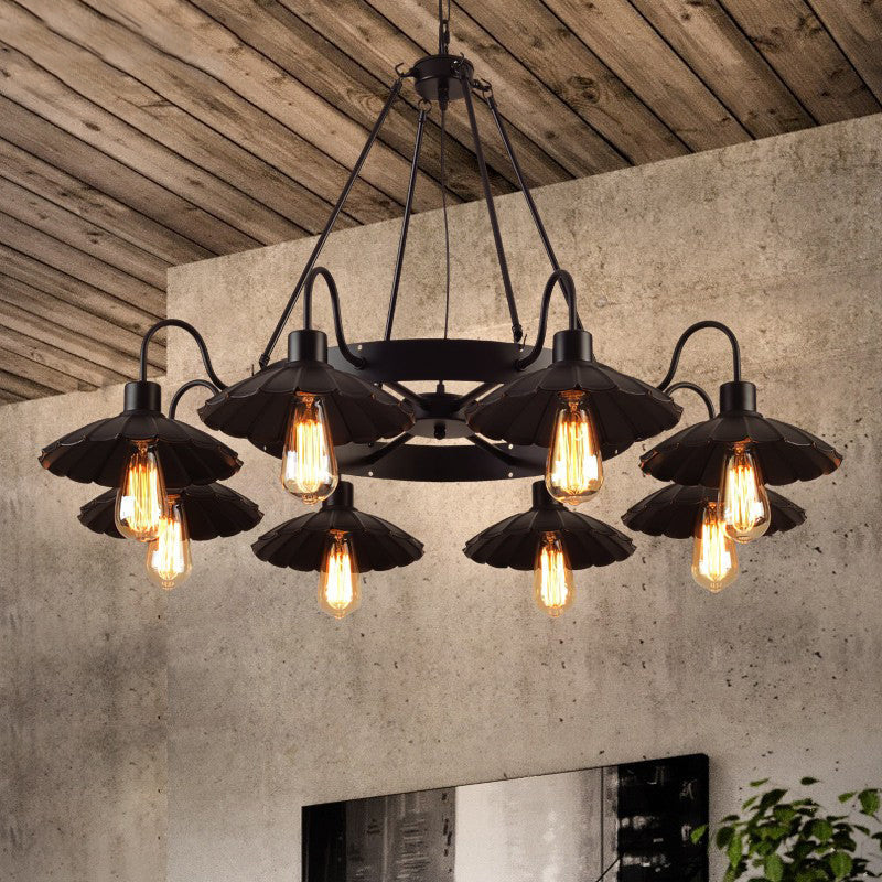 Black Metal Farmhouse Style Scalloped Edge Chandelier Light With Gooseneck Arm - 8 Heads Pendant