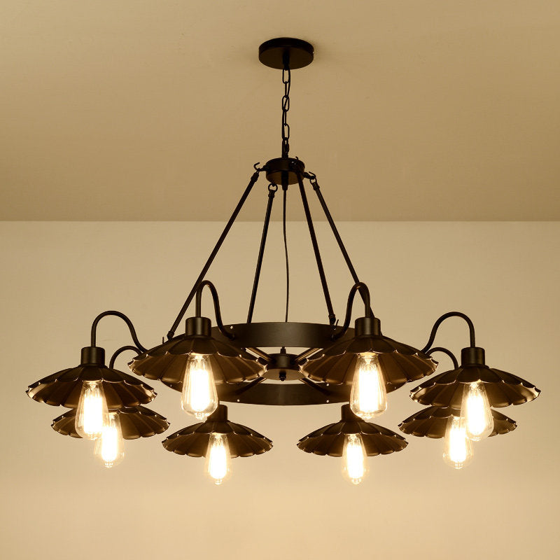 Black Metal Farmhouse Style Scalloped Edge Chandelier Light With Gooseneck Arm - 8 Heads Pendant