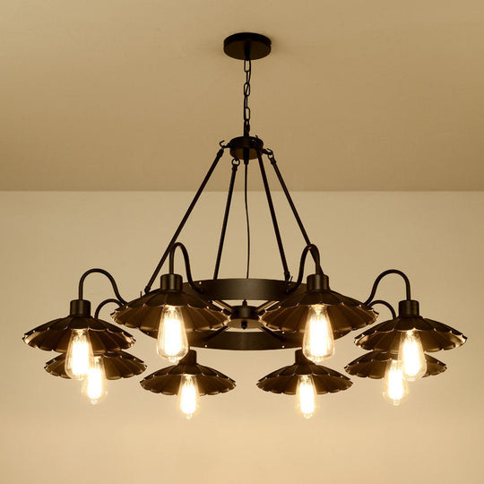 Black Metal Farmhouse Style Scalloped Edge Chandelier Light With Gooseneck Arm - 8 Heads Pendant