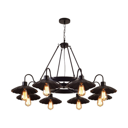 Black Metal Farmhouse Style Scalloped Edge Chandelier Light With Gooseneck Arm - 8 Heads Pendant