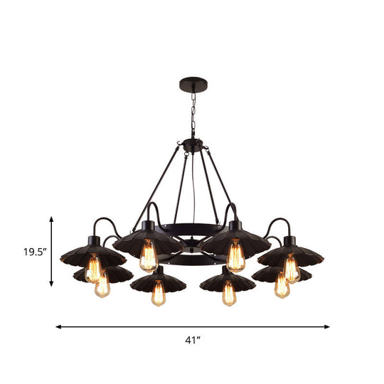 Black Metal Farmhouse Style Scalloped Edge Chandelier Light With Gooseneck Arm - 8 Heads Pendant