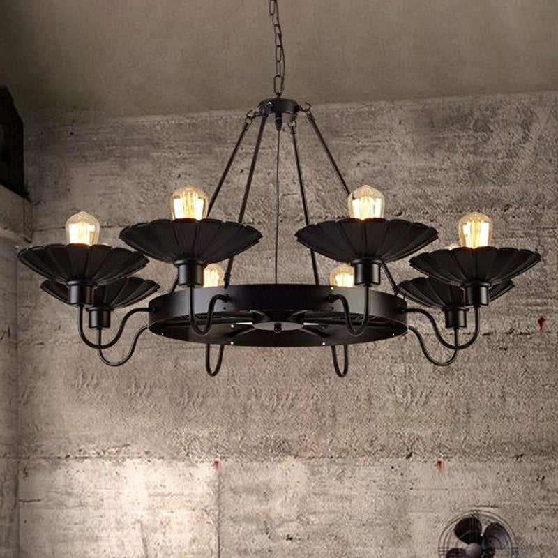 Black Metal Farmhouse Style Scalloped Edge Chandelier Light With Gooseneck Arm - 8 Heads Pendant