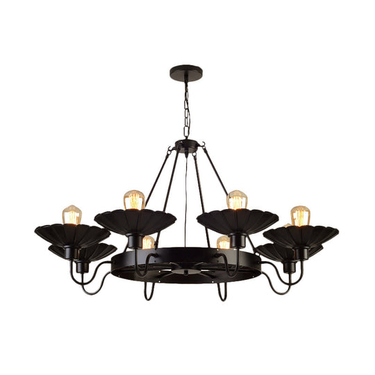 Black Metal Farmhouse Style Scalloped Edge Chandelier Light With Gooseneck Arm - 8 Heads Pendant