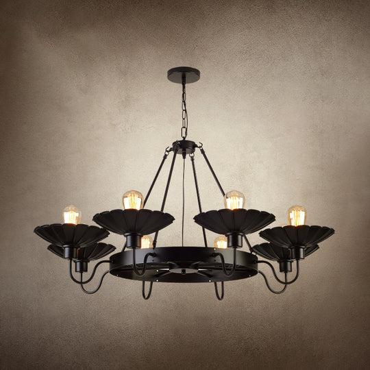 Black Metal Farmhouse Style Scalloped Edge Chandelier Light With Gooseneck Arm - 8 Heads Pendant