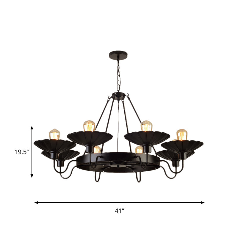 Black Metal Farmhouse Style Scalloped Edge Chandelier Light With Gooseneck Arm - 8 Heads Pendant