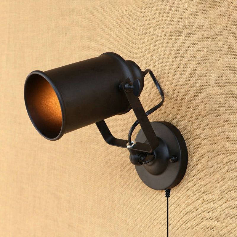 Retro-Style Matte Black Wall Sconce With Adjustable Cylindrical Shade And Plug-In Cord