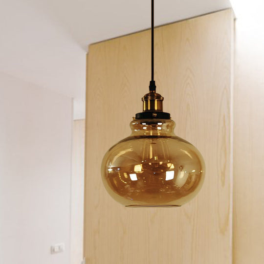 Farmhouse Brass Pendant Ceiling Light - Amber Glass Hanging Lamp - 1 Light Globe - Indoor Use