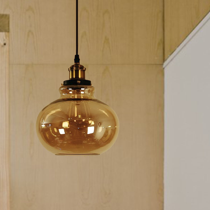 Farmhouse Brass Pendant Ceiling Light - Amber Glass Hanging Lamp - 1 Light Globe - Indoor Use