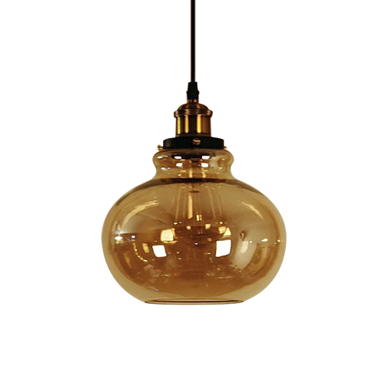 Farmhouse Brass Pendant Ceiling Light - Amber Glass Hanging Lamp - 1 Light Globe - Indoor Use