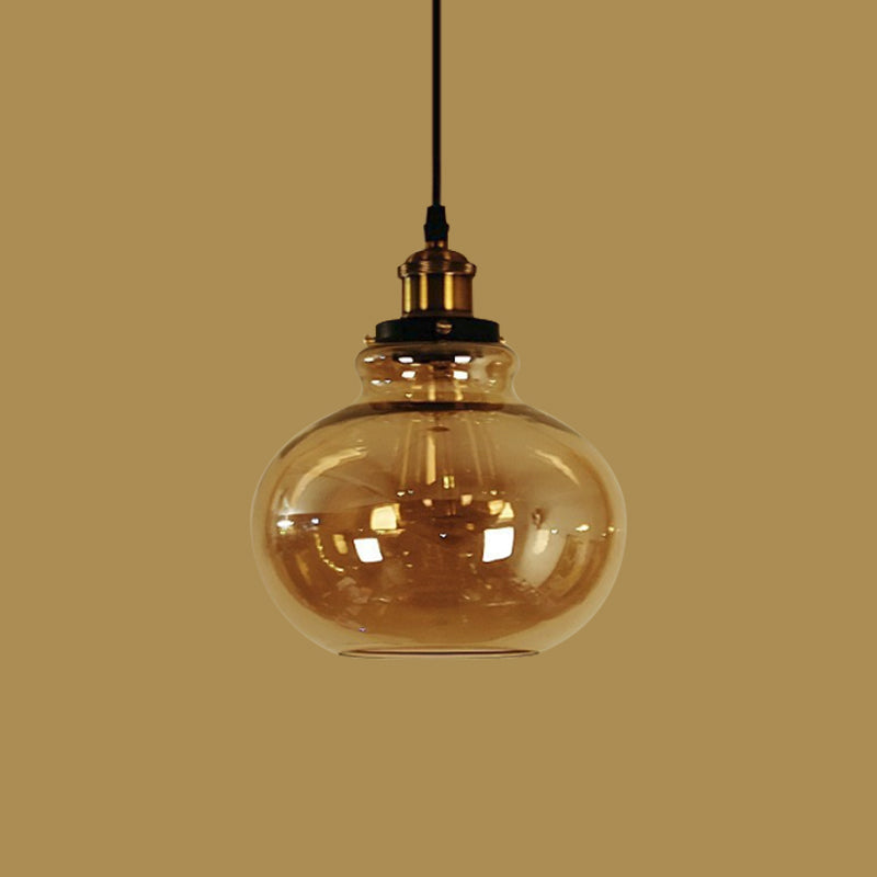 Farmhouse Brass Pendant Ceiling Light - Amber Glass Hanging Lamp - 1 Light Globe - Indoor Use