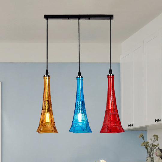 Industrial 3-Light Glass Tower Pendant Lamp for Restaurants with Black Canopy