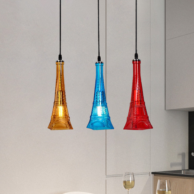 Industrial Restaurant Pendant Lamp - Glass Tower Shade Suspension Light 3-Light Black Round/Linear