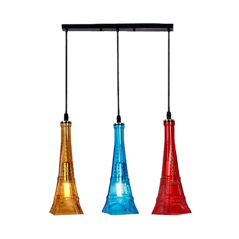 Industrial Restaurant Pendant Lamp - Glass Tower Shade Suspension Light 3-Light Black Round/Linear