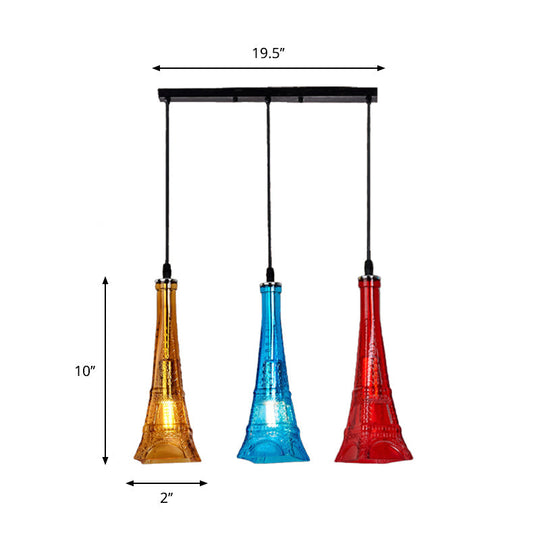 Industrial 3-Light Glass Tower Pendant Lamp for Restaurants with Black Canopy