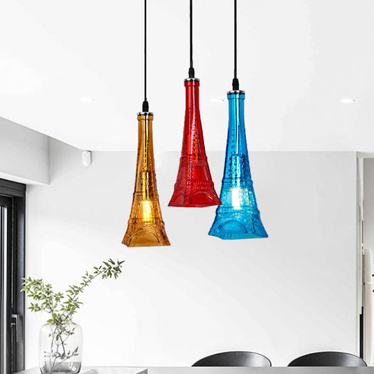 Industrial Restaurant Pendant Lamp - Glass Tower Shade Suspension Light 3-Light Black Round/Linear