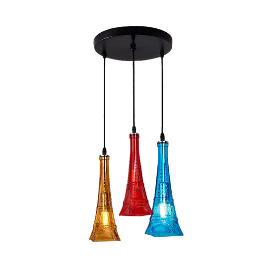 Industrial 3-Light Glass Tower Pendant Lamp for Restaurants with Black Canopy