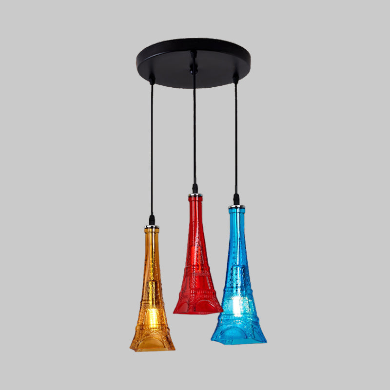 Industrial 3-Light Glass Tower Pendant Lamp for Restaurants with Black Canopy