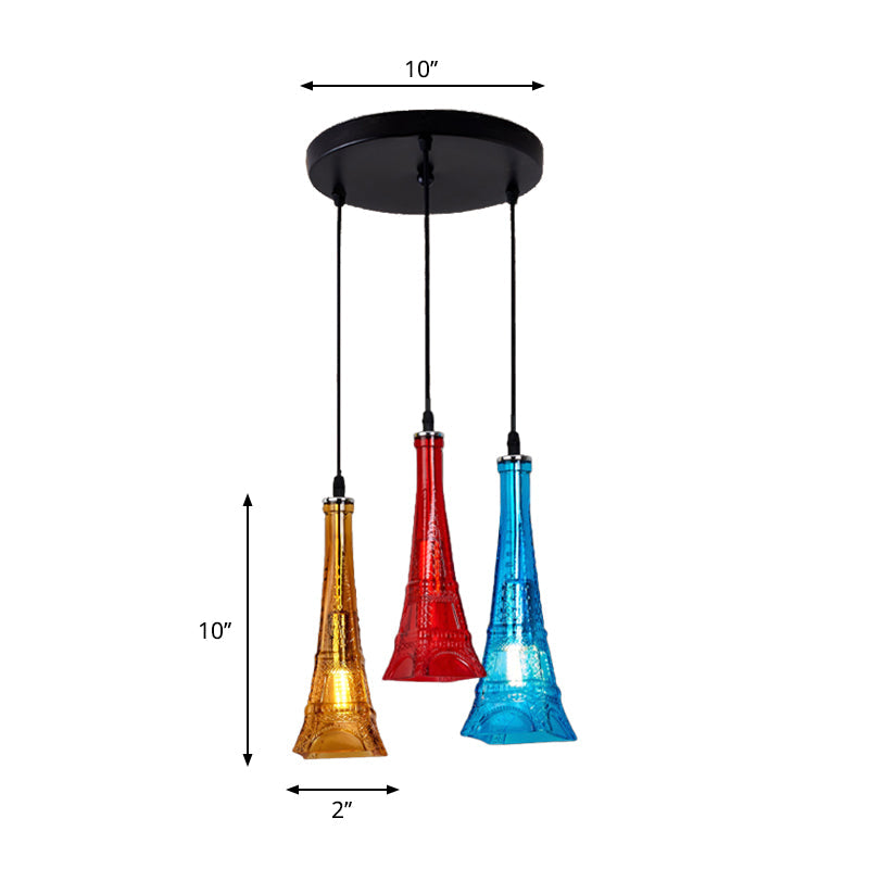 Industrial 3-Light Glass Tower Pendant Lamp for Restaurants with Black Canopy