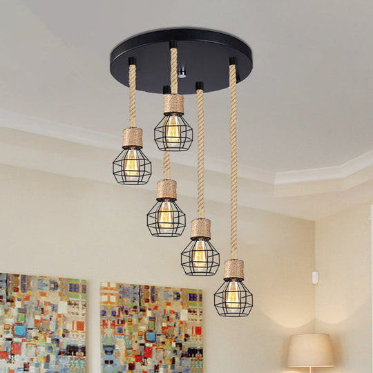 Adjustable Metal Globe Cage Ceiling Light With Rope: Lodge Style Hanging 3/5 Heads Indoor Black 5 /