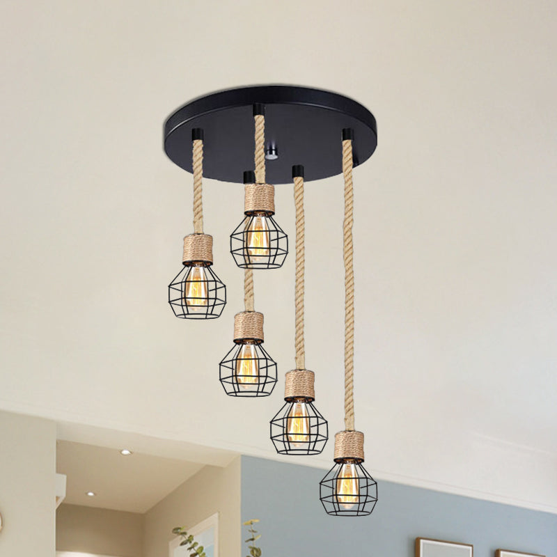 Adjustable Metal Globe Cage Ceiling Light With Rope: Lodge Style Hanging 3/5 Heads Indoor Black