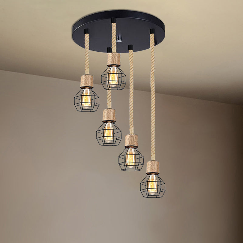 Adjustable Metal Globe Cage Ceiling Light With Rope: Lodge Style Hanging 3/5 Heads Indoor Black