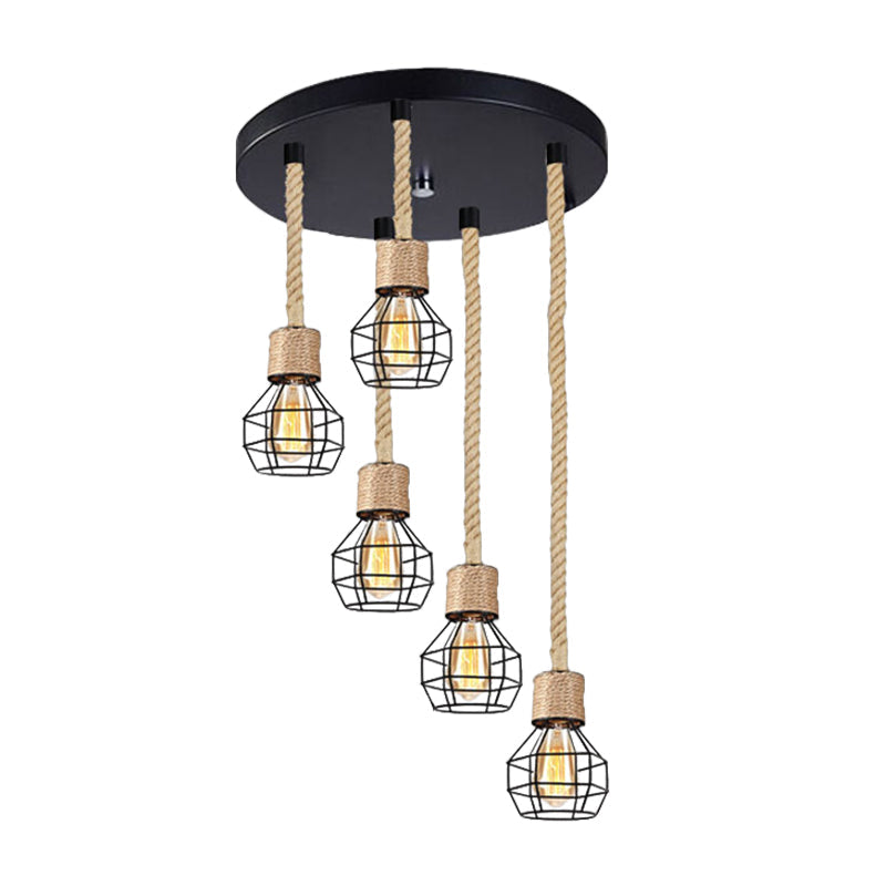 Black Metal Globe Cage Ceiling Light with Adjustable Rope - Lodge Indoor Hanging Lamp (3/5 Heads)