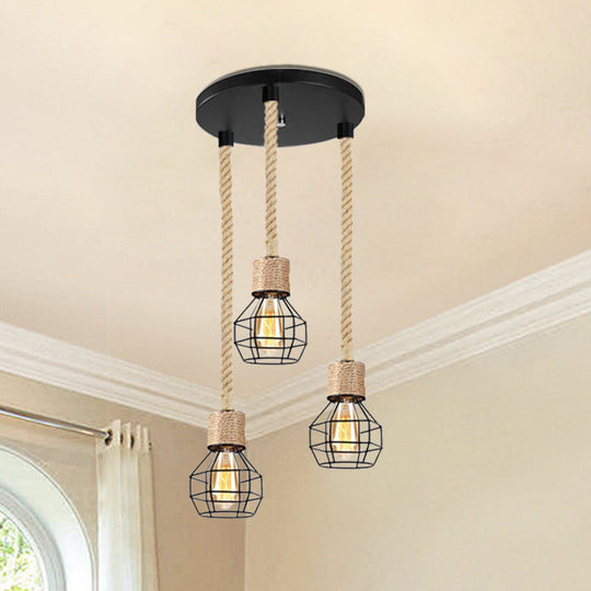 Black Metal Globe Cage Ceiling Light with Adjustable Rope - Lodge Indoor Hanging Lamp (3/5 Heads)