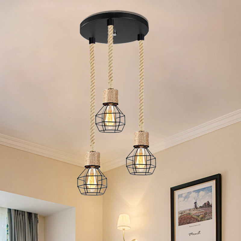 Black Metal Globe Cage Ceiling Light with Adjustable Rope - Lodge Indoor Hanging Lamp (3/5 Heads)