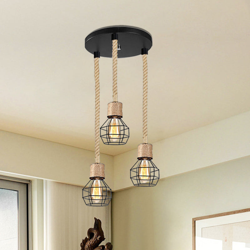 Black Metal Globe Cage Ceiling Light with Adjustable Rope - Lodge Indoor Hanging Lamp (3/5 Heads)