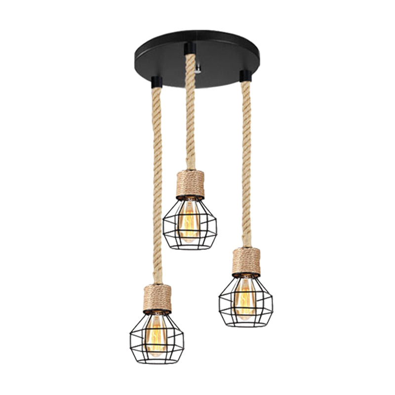 Black Metal Globe Cage Ceiling Light with Adjustable Rope - Lodge Indoor Hanging Lamp (3/5 Heads)