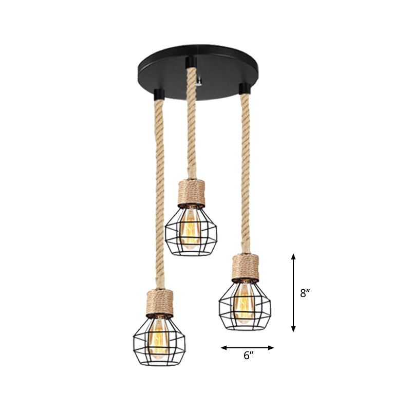 Black Metal Globe Cage Ceiling Light with Adjustable Rope - Lodge Indoor Hanging Lamp (3/5 Heads)