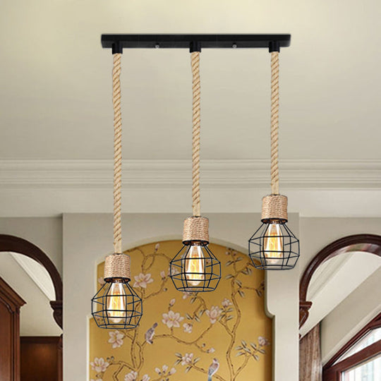 Adjustable Metal Globe Cage Ceiling Light With Rope: Lodge Style Hanging 3/5 Heads Indoor Black 3 /