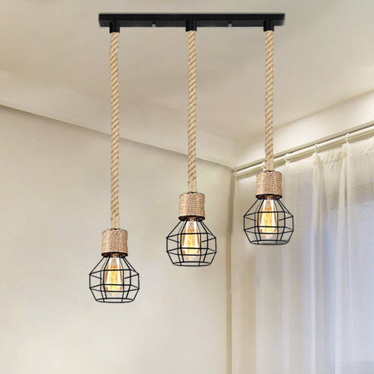 Black Metal Globe Cage Ceiling Light with Adjustable Rope - Lodge Indoor Hanging Lamp (3/5 Heads)