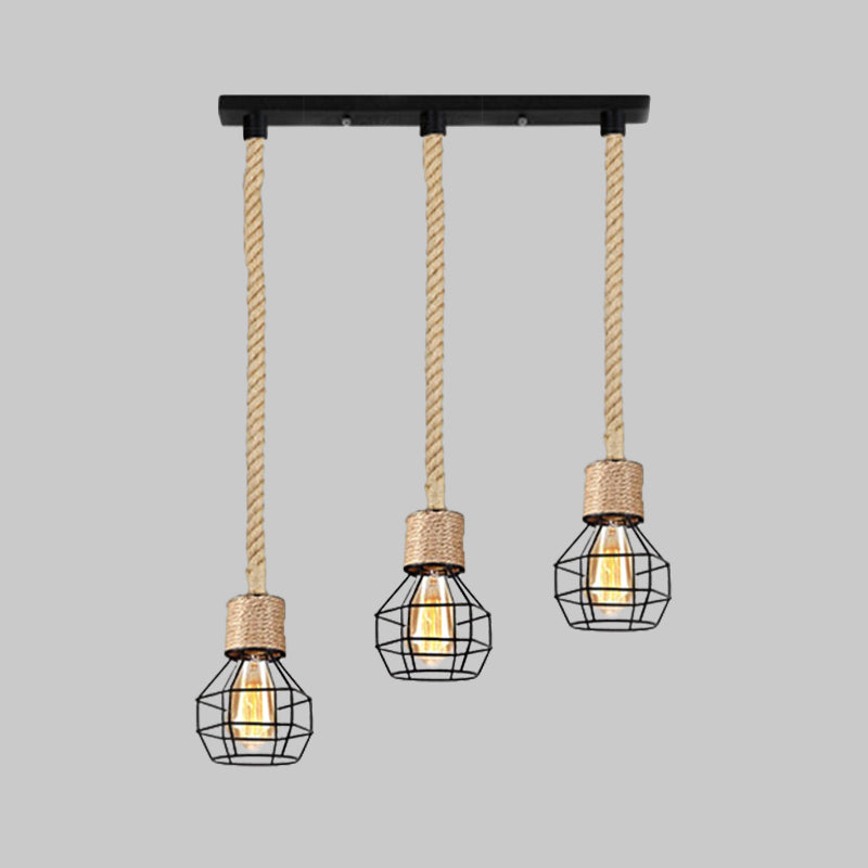 Black Metal Globe Cage Ceiling Light with Adjustable Rope - Lodge Indoor Hanging Lamp (3/5 Heads)