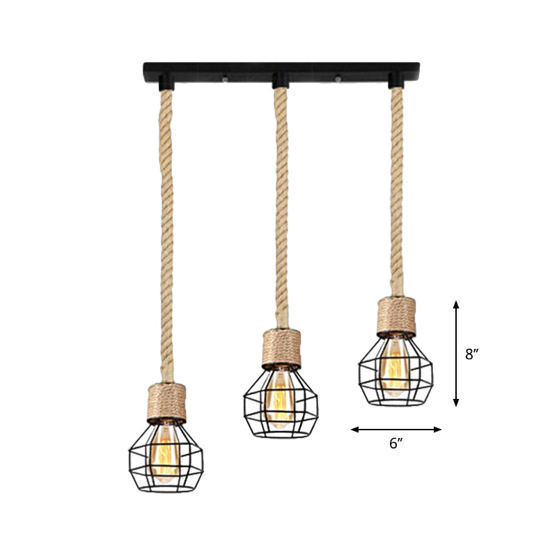 Black Metal Globe Cage Ceiling Light with Adjustable Rope - Lodge Indoor Hanging Lamp (3/5 Heads)