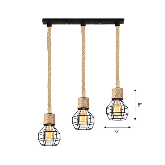 Adjustable Metal Globe Cage Ceiling Light With Rope: Lodge Style Hanging 3/5 Heads Indoor Black