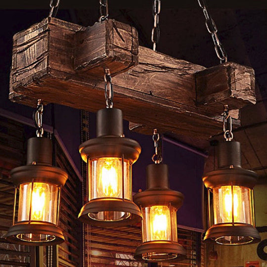 Coastal Lantern Clear Glass Pendant 4-Light Island Light Fixture In Brown With Wood Accents