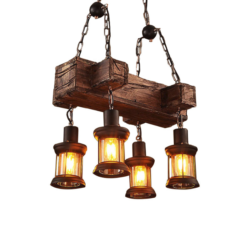 Coastal Lantern Clear Glass Pendant 4-Light Island Light Fixture In Brown With Wood Accents