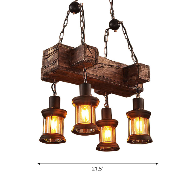 Coastal Lantern Clear Glass Pendant 4-Light Island Light Fixture In Brown With Wood Accents