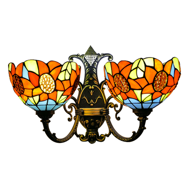 Blue/White Stained Glass Sunflower Wall Sconce With 2 Lights For Bedroom Decor