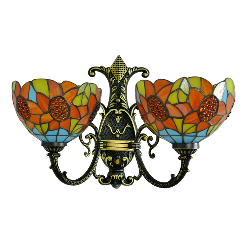 Blue/White Stained Glass Sunflower Wall Sconce With 2 Lights For Bedroom Decor